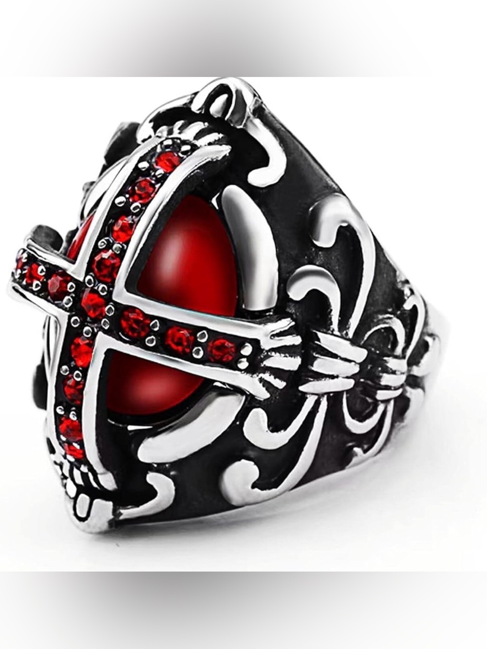 Men's Stainless Steel Vintage Ruby Stone Cross Ring Silver Black Gothic  Sz 13.5